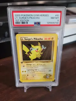 Pokemon Lt Surge's Pikachu 81/132 Gym Heroes 1st Edition Vintage PSA 8 - Image 1