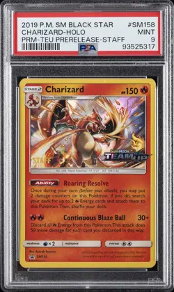 2019 POKEMON SM BLACK STAR PROMO TEAM UP PRERELEASE-STAFF CHARIZARD-HOLO PSA 9 - Image 1
