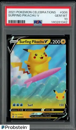 2021 Pokemon Celebrations #008 Surfing Pikachu V PSA 10 GEM MINT - Image 1