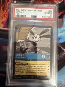 2024 DISNEY LORCANA EN 6 AZURITE SEA #142 OSWALD FOIL THE LUCKY RABBIT PSA 10 - Image 1