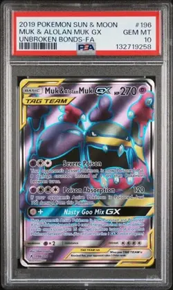 MUK & ALOLAN MUK GX #196 PSA 10 •2019 POKEMON SUN & MOON UNBROKEN BONDS FULL ART - Image 1