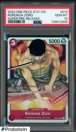 2022 One Piece ST01 EN Super Pre-Release #ST01-013 Roronoa Zoro PSA 10 GEM MINT - Image 1