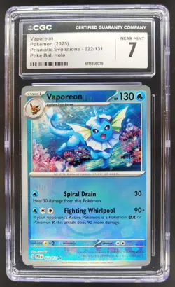 2025 Pokemon Prismatic Evolutions Vaporeon 022/131 Holo Poke Ball CGC 7 PT - Image 1