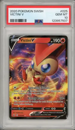 2020 Pokemon Sword & Shield Base Set Victini V #025 PSA 10 - Image 1