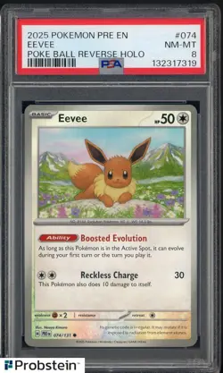 2025 Pokemon PRE EN Master Ball Reverse Holo #074 Eevee PSA 8 NM-MT - Image 1