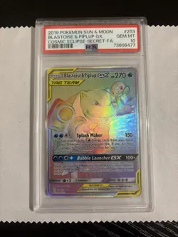 PSA 10 BLASTOISE & PIPLUP GX 253 COSMIC ECLIPSE RAINBOW RARE SUN & MOON POKEMON - Image 1