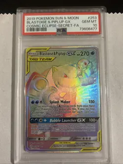 PSA 10 BLASTOISE & PIPLUP GX 253 COSMIC ECLIPSE RAINBOW RARE SUN & MOON POKEMON - Image 2