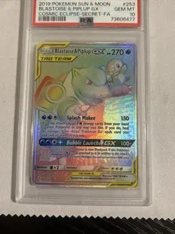 PSA 10 BLASTOISE & PIPLUP GX 253 COSMIC ECLIPSE RAINBOW RARE SUN & MOON POKEMON - Image 5