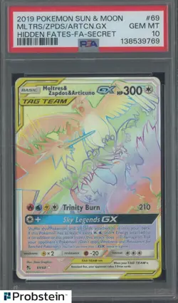 2019 Pokemon Sun & Moon Hidden Fates Secret#69 Moltres Zapdos Articuno GX PSA 10 - Image 1