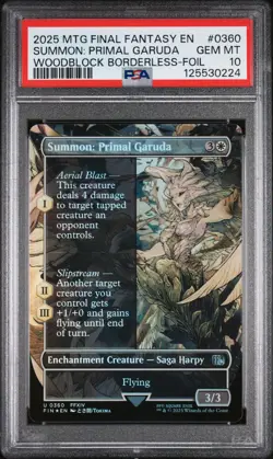 2025 MTG FINAL FANTASY WOODBLOCK BORDERLESS-FOIL SUMMON: PRIMAL GARUDA PSA 10 - Image 1