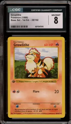 Pokemon Growlithe Base Set Shadowless 1st Edition #28 CGC 8 - Image 1