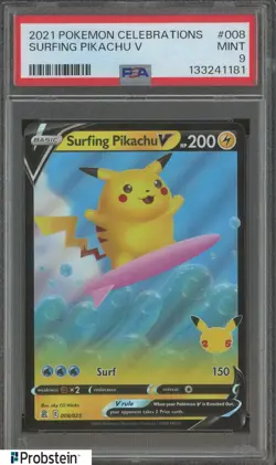 #4 2021 Pokemon Celebrations #008 Surfing Pikachu V PSA 9 MINT - Image 1