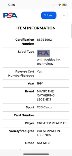 GREATER REALM OF PRESERVATION Legends 1994 Magic The Gathering (MTG) PSA 8 TCG - Image 4