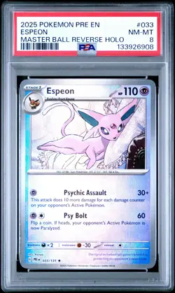6908 Espeon 2025 Pokemon Prismatic Evolutions #33 Master Ball Reverse Holo PSA 8 - Image 1