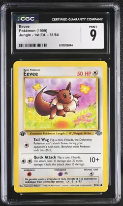 1st Edition Eevee 51/64 Pokemon 1999 Jungle Card CGC 9 MINT - Image 1