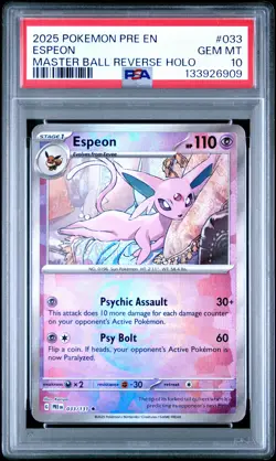 6909 Espeon 2025 Pokemon Prismatic Evolutions #33 Master Ball Reverse PSA 10 - Image 1