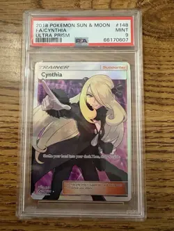 2018 Pokemon SUN & MOON #148 Full Art Cynthia Ultra Prism PSA 9 MINT - Image 1