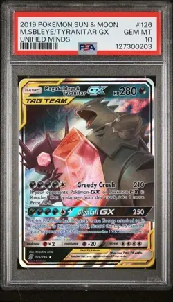 2019 POKEMON SUN & MOON UNIFIED MINDS M.SBLEYE/TYRANITAR GX#126 PSA 10 - Image 1