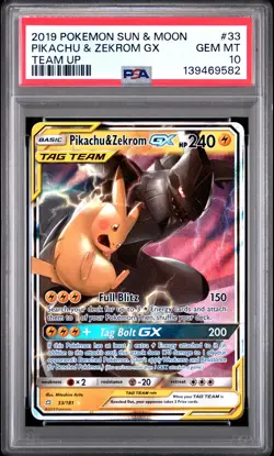 2019 POKEMON SUN & MOON TEAM UP #33 PIKACHU & ZEKROM GX PSA 10 - Image 1