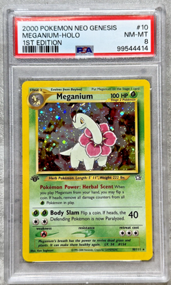Pokemon Card 1st Edition Meganium Rare Holo PSA 8 NM-Mint, Neo Genesis #10, WOTC - Image 1