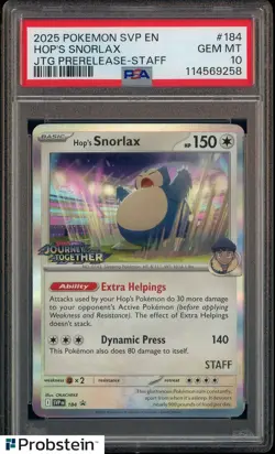 2025 POKEMON SVP EN JTG PRERELEASE STAFF #184 HOP'S SNORLAX PSA 10 GEM MINT - Image 1