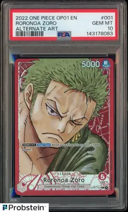 2022 One Piece OP01 EN Alternate Art #001 Roronoa Zoro PSA 10 GEM MINT - Image 1