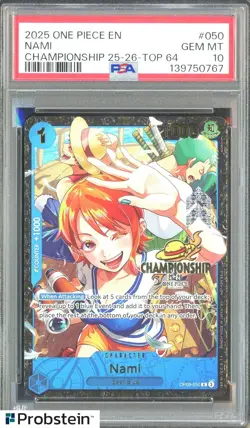 TCG 2025 One Piece EN Championship 25-26 Top 64 #050 Nami PSA 10 GEM MINT - Image 1