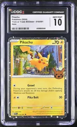⚡⚡ CGC 10 Gem Mint Pikachu 062/193 Trick or Trade BOOster Pokemon Card holo - Image 1