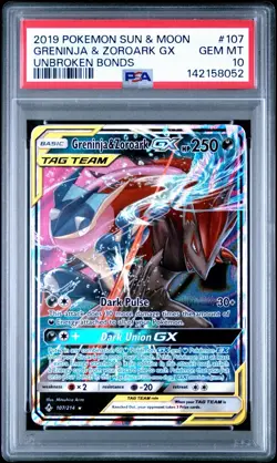2019 POKEMON SUN & MOON UNBROKEN BONDS #107 GRENINJA & ZOROARK GX PSA 10 - Image 1