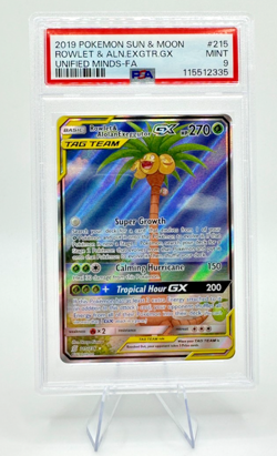 2019 Pokemon S&M Unified Minds Rowlet & Alolan Exeggutor GX #215 Tag Team PSA 9 - Image 1