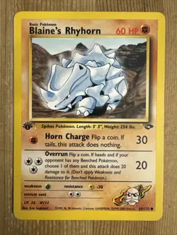 Pokemon Card - 1st Edition Blaine's Rhyhorn (65/132) Gym Challenge Set NM - Image 1