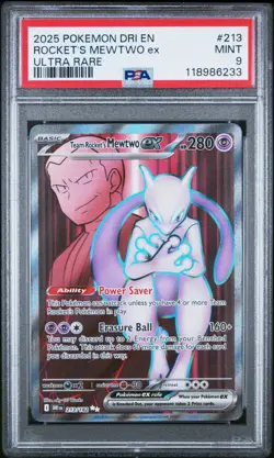 2025 PSA 9 MINT Pokemon TCG Card Team Rocket's Mewtwo ex Destined Rivals 213/182 - Image 1