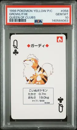 1998 Pokemon Yellow Version Playing Cards #058 Growlithe Queen Of Clubs PSA 10 - Image 1