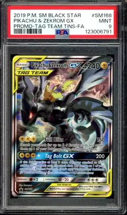 PSA 9 Pikachu & Zekrom GX SM168 Sun Moon Tag Team Black Star Promo 2019 Pokemon - Image 1