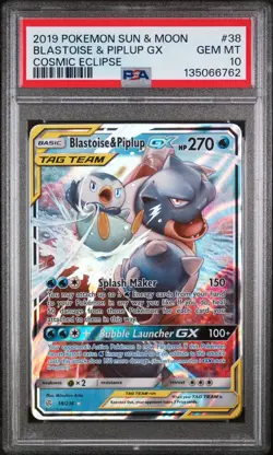 2019 Pokemon Sun & Moon Cosmic Eclipse Blastoise & Piplup GX 38/236 PSA 10 - Image 1