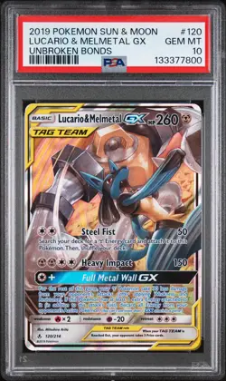 2019 POKEMON SUN & MOON UNBROKEN BONDS #120 LUCARIO & MELMETAL GX PSA 10 - Image 1