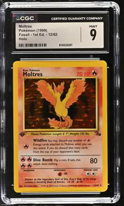 CGC 9 MINT Moltres 1999 Fossil 1st Edition 12/62 Holo Pokemon Card - Image 1