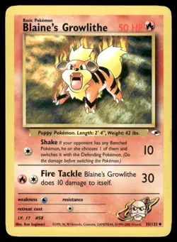 Pokemon Cards Blaine's Growlithe 35/132 UNLIMITED Gym Heroes WOTC Uncommon NM - Image 1
