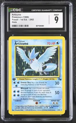 CGC 9 MINT Articuno 1999 Fossil 1st Edition 2/62 Holo Pokemon Card - Image 1