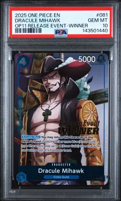 2025 One Piece OP11 Dracule Mihawk Release Event Winner #081 PSA 10 Promo - Image 1