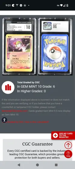 (TOP POP 6) CGC 10 GEM MINT EX Ruby & Sapphire Ralts 68/109 Pokemon Reverse Holo - Image 4