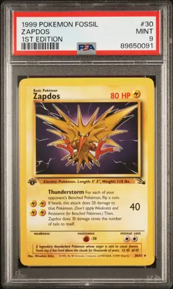 1999 Pokemon Fossil #30 Zapdos 1st Edition PSA 9 - Image 1