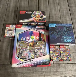 Pokemon Prismatic Evolutions & Mega Evolution Phantasmal Flames Binder & Box Lot - Image 1