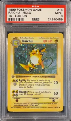 ⚡ 1999 Pokemon Base Set Raichu Holo – 1st Edition – PSA 9 MINT (#14/102) - Image 1