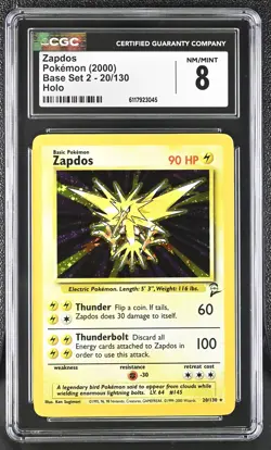 CGC 8 Zapdos 2000 Base Set 2 20/130 Holo Pokemon Card - Image 1