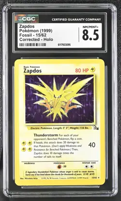 CGC 8.5 Zapdos 1999 Fossil 15/62 Corrected Holo Pokemon Card - Image 1