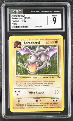CGC 9 MINT Aerodactyl 1999 Fossil 1/62 Holo Pokemon Card - Image 1