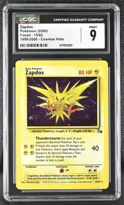 CGC 9 MINT Zapdos 2000 Fossil 15/62 1999-2000 Cosmos Holo Pokemon Card - Image 1