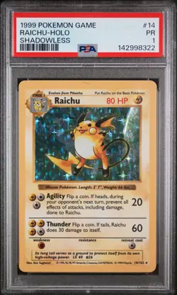 1999 POKEMON GAME SHADOWLESS #14 RAICHU-HOLO PSA 1 - Image 1