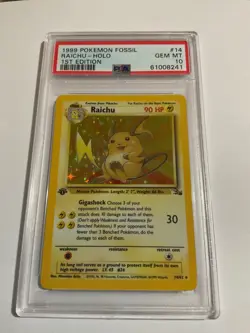 1999 POKEMON FOSSIL 1ST EDITION RAICHU-HOLO #14 PSA 10 GEM MINT RARE RAICHU - Image 1